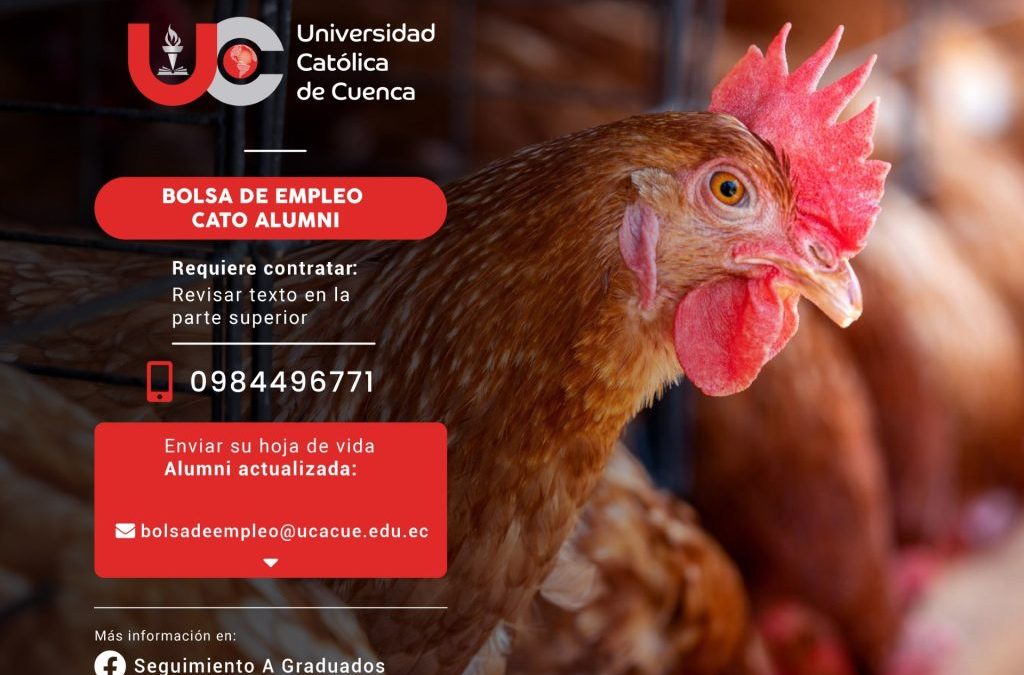 Importante Centro de faenamiento industrial de aves, requiere contratar para la ciudad de Cuenca, profesional Médico Veterinario, Graduado en la Universidad Católica de Cuenca, para el cargo de ASISTENTE DE PRODUCCIÓN.